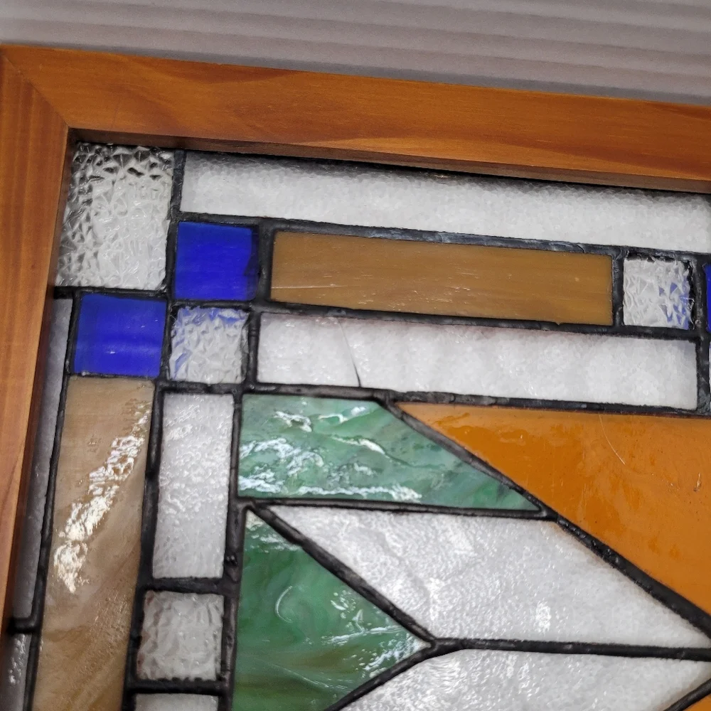 Geometric Stained Glass Panel In Wood Frame Vintage Window or Wall Decor RARE
